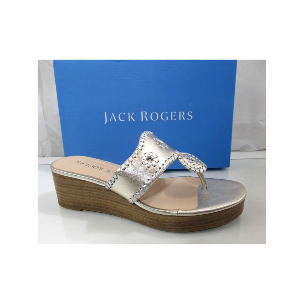 Jack Rogers Jacks Mid Wedge Stacked Heel Sandals Platinum / Silver Size 8